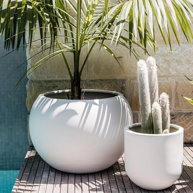 Panlaolao 13.5 H x 17" Dia (12" Pot Opening) Round Fiberstone Planter with Drainage Hole, White, Indoor/Outdoor Large Plant Pot for Home Patio Garden, Ideal for Large Plants