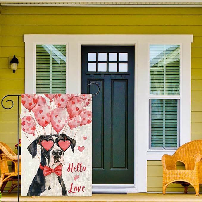 Valentine's Day Great Dane Hello Love Garden Flag, House Yard Plaid Love Heart Outside Decoration, Spring Holiday Wedding Anniversary Outdoor Small Decor 12x18(12628)