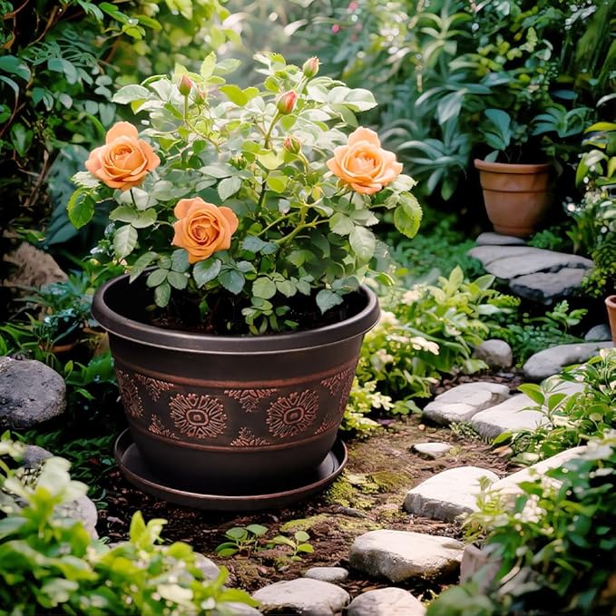 Usocik 4 Pack 16 inch Plant Pots, Retro Pattern Planters with Drainage Holes and Saucer, Sturdy Plastic Garden Flower Pots for Indoor & Outdoor Plants