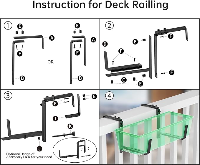 Y&M Window Box Brackets, Heavy Duty Iron Adjustable Planter Flower Box Brackets for Railings, Perfect for Balconies, Fences, and Gardens（4 Packs）