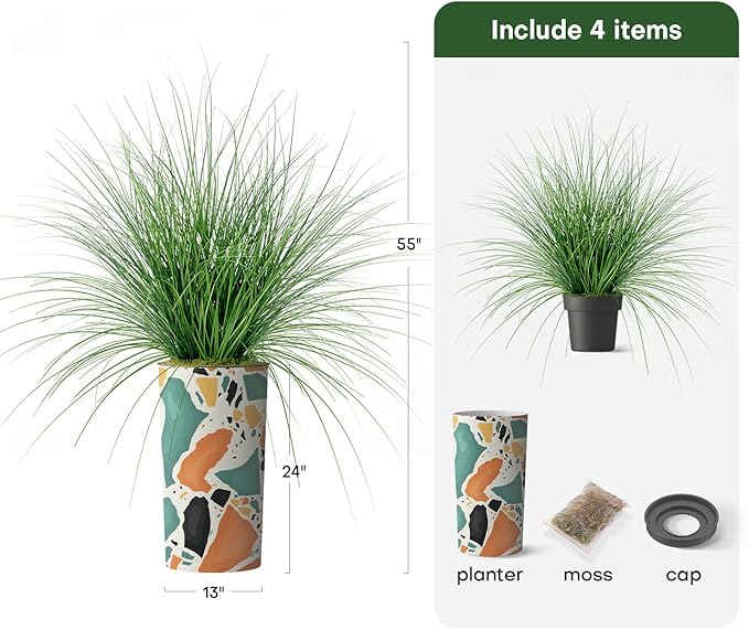 Artificial Tree in Modern Geometric Pattern Planter, Fake Onion Grass Silk Tree for Indoor and Outdoor Home Decoration - 55" Overall Tall (Plant Pot Plus Tree)