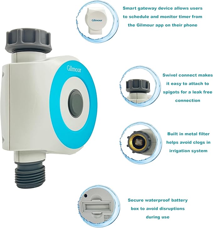Gilmour Single Outlet Smart Water Timer, WiFi Automatic Watering System, Rain Delay, Battery Operated
