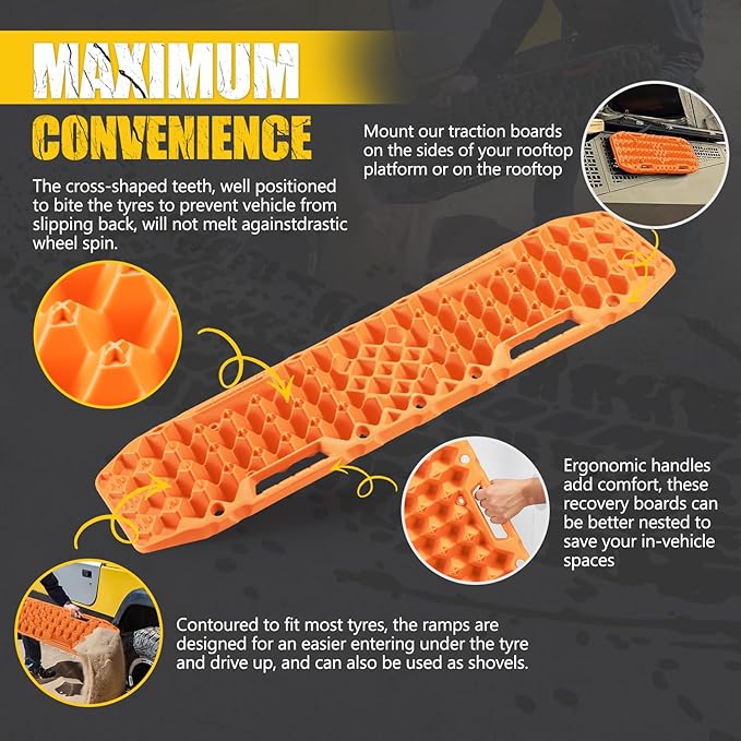 BUNKER INDUST Off-Road Traction Boards with Jack Base,Pair Recovery Track 4X4 Jeep Truck Emergency Tire Traction Mat with Bag -Sand, Mud, Snow Tracks Orange Traction Pad (Gen 7th)