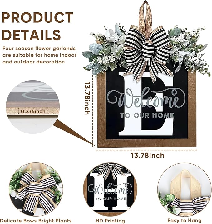 Ultra Large 14'' Last Name All Year Round Front Door Wreath with 26 Initial Letter Welcome Sign All Seasons Eucalyptus Garland and Bow Wreaths for Front Door Porch Farmhouse Decoration (E)