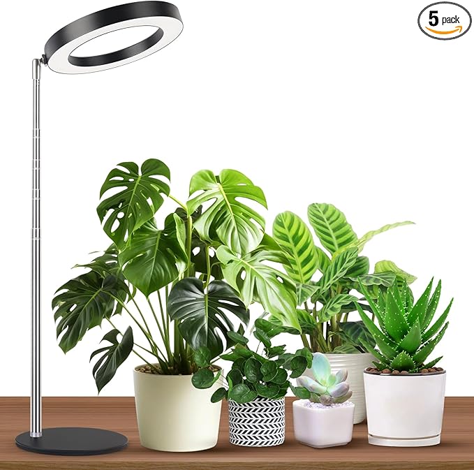 GTRUIIDY Desktop Grow Light, Height Adjustable Grow Lights for Indoor Plants Full Spectrum, 3 Lighting Mode, Halo Grow Light with Timer, Plant Lights for Indoor Growing (Black)