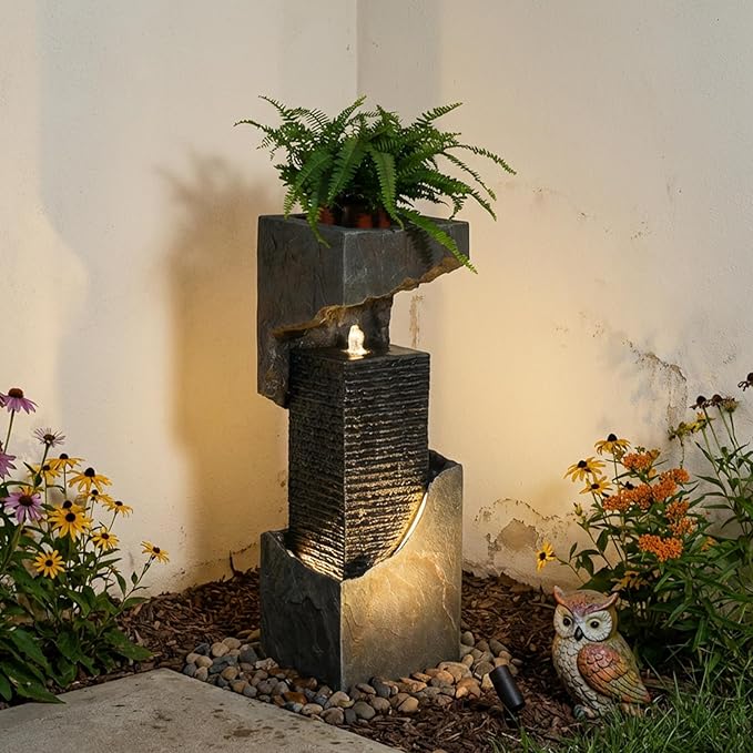 Modern Water Fountain Outdoor 35.4" H Floor Standing Outdoor Fountain with LED Lights and Pump for Garden, Patio, Deck, Backyard, Porch and Home Art Decor…