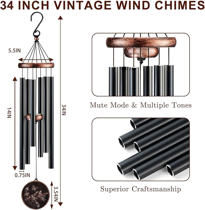 Gabzart Wind Chimes for Outside, Vintage Butterfly Deep Tone Wind Chime Outdoor Clearance, Patio Porch Balcony Decoration, Garden Decor Birthday Gifts for Women Mom Grandma (34" Butterfly)