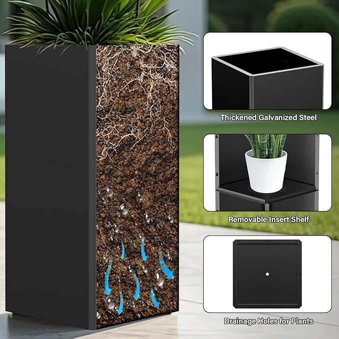 Gabviem Tall Black Planter 28" Metal Square Large Plant Pots for Indoor Outdoor-Modern Tall Flower Pots for Porch, Patio, Deck, Commercial & Residential(14" Lx14 Wx 28" H)