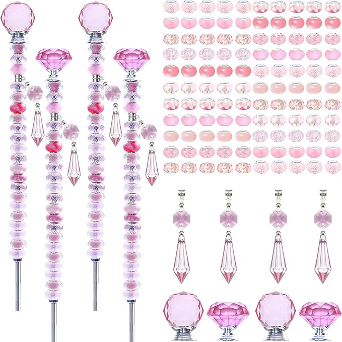 Exway 100 PCS DIY Fairy Wand Beaded Garden Stake Beads Kits with Pink Large Hole Beads 4 Crystal Stopper Top Threaded Rods and 4 pink Sparkling Crystal Pendants for outdoor indoor Decor