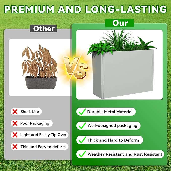 NUWJBYE Tall Metal Planter Box, 36" L x 12" W x 26" H Large Outdoor Planters with Drainage & Adjustable Shelf, Heavy Duty Steel Rectangular Planter for Patio, Balcony, Indoor(Gray)