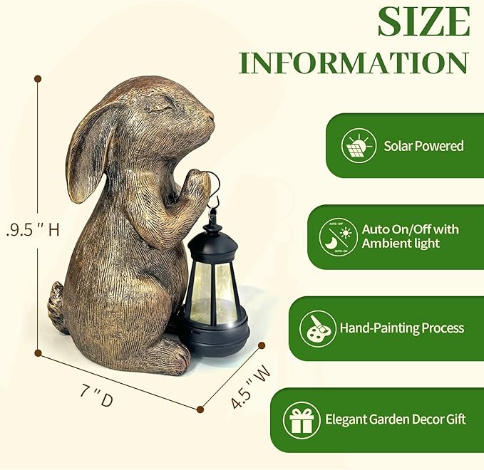 Solar Garden Statue Rabbit Outdoor Decor, Bunny Figurines with Solar Lantern, Yard Decorations for Patio Balcony Yard Lawn Ornaments - Unique Birthday Easter Housewarming Gifts for Women, Mom, Grandma