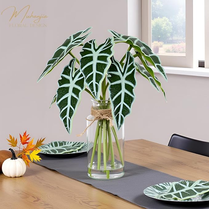 Muhanjia Artificial Flowers Turtle-Back, Alocasia Leaf, in Glass Vase with Faux Water,7Pcs Artificial Leaves Real Touch Latex Leaves for Centerpiece (2, Alocasia Leaf)