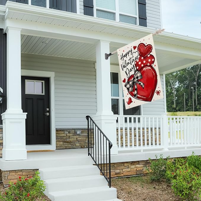 CROWNED BEAUTY Happy Valentines Day House Flag 28x40 Inch Double Sided for Outside Large Burlap Love Hearts Red Holiday Yard Decoration CF1684-40