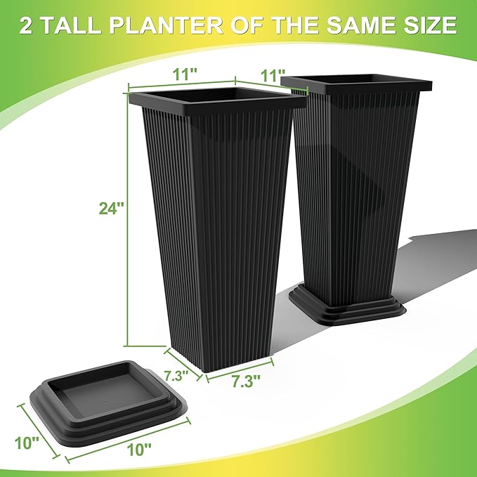 TUYOHW Set of 2 Large Tall Planter for Indoor or Outdoor 24" Flower Pots Tapered Tall Planters with Tray for Porch, Patio, Backyard, Large Planters for Outdoor Indoor Plants(Black,Striped)