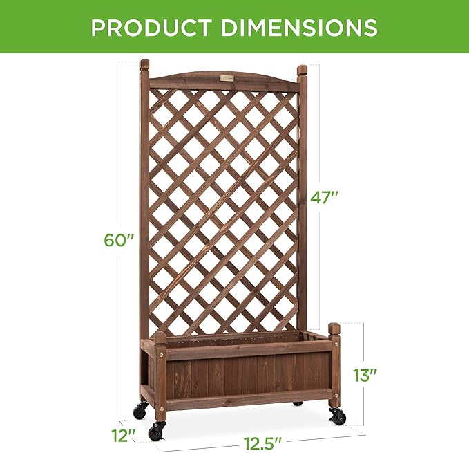 Best Choice Products 60in Wood Planter Box & Diamond Lattice Trellis, Mobile Outdoor Raised Garden Bed for Climbing Plants w/Drainage Holes, Optional Wheels - Walnut