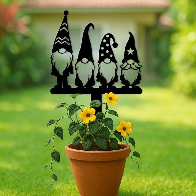 Magilab Personalized Iron Yard Stake - Christmas Cute Gnome Dwarves Decor, 8-Inch Black Metal Garden Sign for Outdoor (Style T)