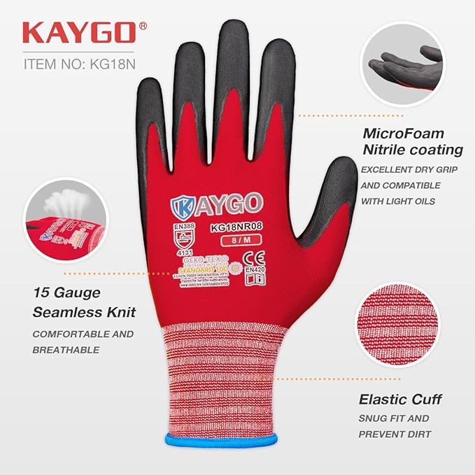 KAYGO Safety Work Gloves MicroFoam Nitrile Coated, 12 Pairs KG18NB,Seamless Knit Nylon Glove for Men and Women, Ideal for Automotive,Warehouse,Construction (XL,Red)