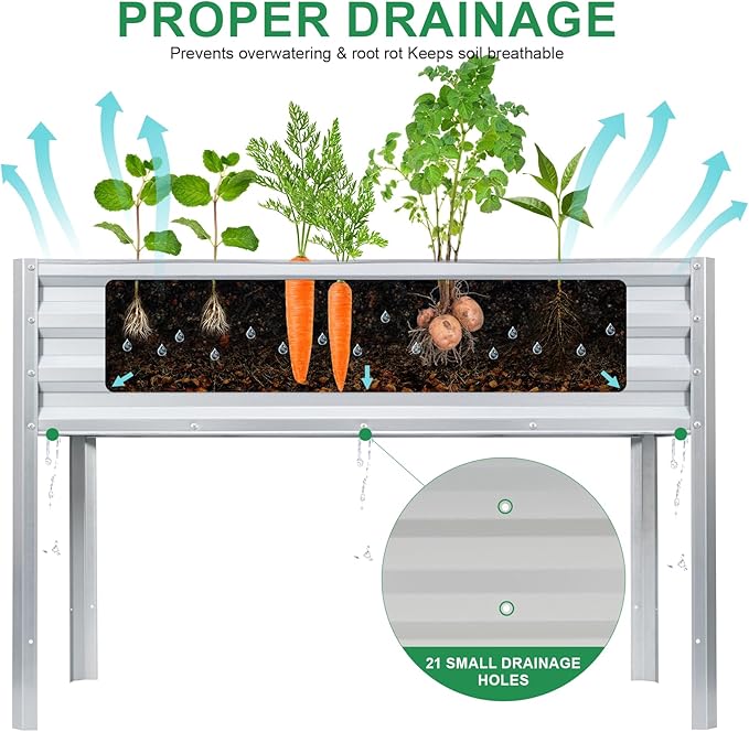 Elevated Raised Garden Bed with Legs, 48x24x32in Galvanized Planter Box Outdoor with Drainage Holes, Large Metal Raised Beds for Gardening Vegetables Herbs, Backyard, Patio, Balcony - Silver