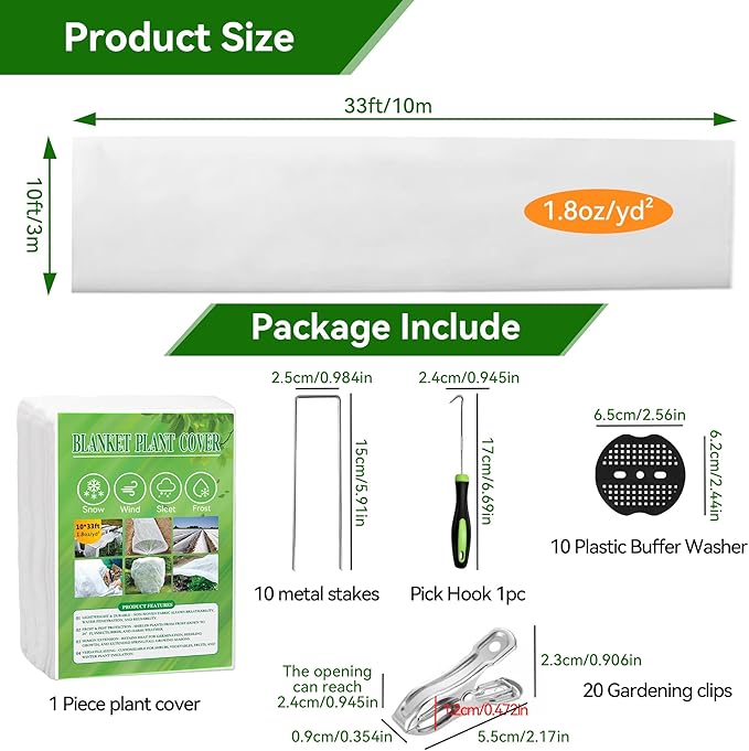 MuyuRise 10 FT x 33 FT Plant Covers Freeze Protection kit - 1.8 oz/yd² Thickened Frost Cloths Blankets with Garden Row Cover Accessories for Outdoor Plants, Protect in Winter Cold/Sun Pests (White)