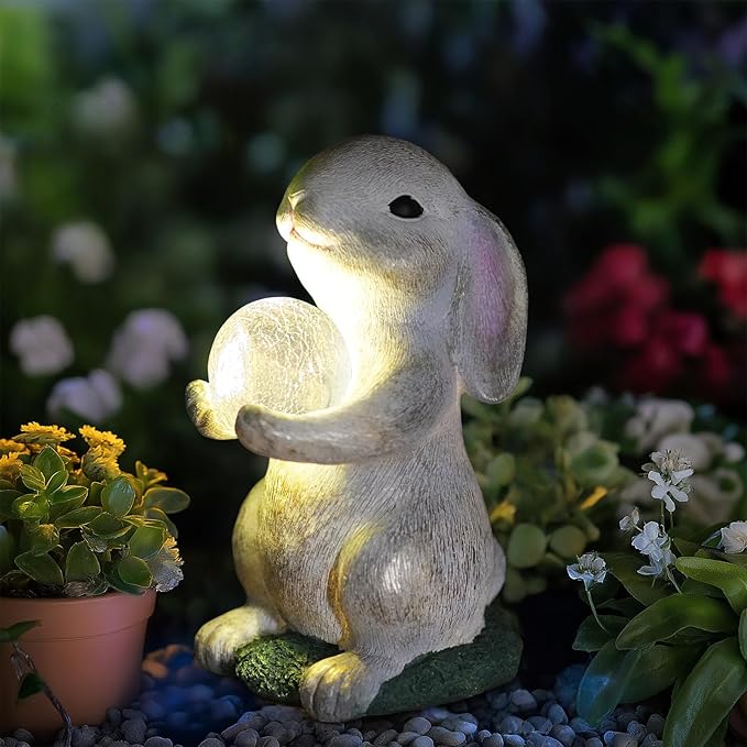 Solar Garden Statue Rabbit Outdoor Decor, Bunny Figurines with Solar Lights, Yard Decorations for Patio Balcony Yard Lawn Ornament - Unique Birthday Easter Housewarming Gifts for Women, Mom, Grandma