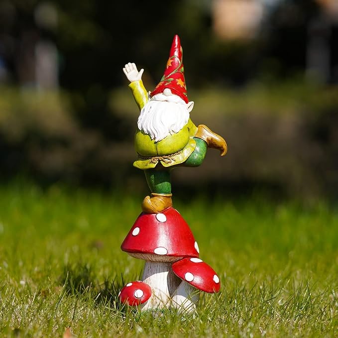 DUSVALLY Gnomes Statue and Garden Resin Statue Dwarf Standing on Mushroom, Outdoor Decoration for Patio Yard Lawn Porch, Spring Decor Housewarming 13" H