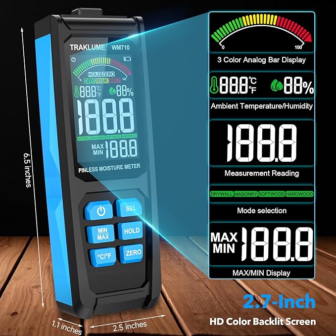 Wood Moisture Meter for Lumber Pinless Moisture Tester for Drywall with Colorful Screen Moisture Sensor for House Firewood Moisture Detector for Walls Moisture Reader for Wood Wall Water Leak Detector