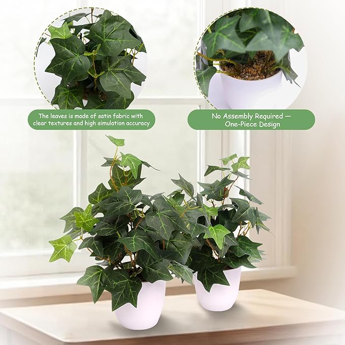 alyptus Fake English Ivy Plants in Pots Set of 2 – Realistic Artificial Ivy Greenery for Home Decor, Tabletop, Office, Shelf, Balcony or Bathroom - Green with White Pots