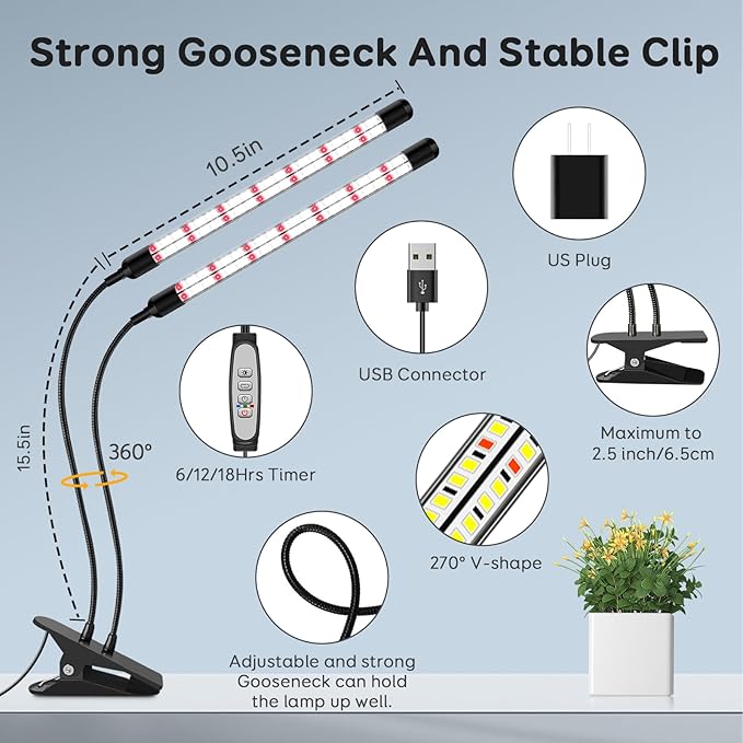 SDOVUERC V-Shape Grow Lights for Indoor Plants Full Spectrum, 2 Heads LED Plant Lamps with Clips and 5 Dimmable Level and 6/12/18H Timer for Plant Growing(Pack 2)