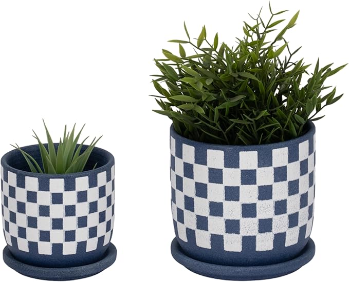 Ceramic Planters Set – Planters with Drainage for Healthy Roots, Indoor Planter and Patio Decor Placement, Checkered Design Accent for Modern Outdoor Home Decor – 6" and 5", Blue and White