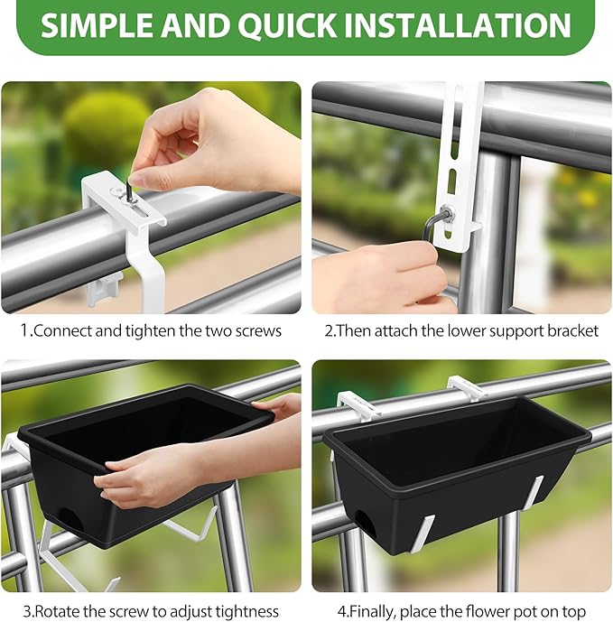 OYEAL 4 Pack Railing Planter Box Outdoor, 17 Inch Plastic Flower Pots with Adjustable Brackets, Hanging Window Boxes Planter Flower Herb Plant Pot for Garden Fence Patio, Balcony Decor, Black & White