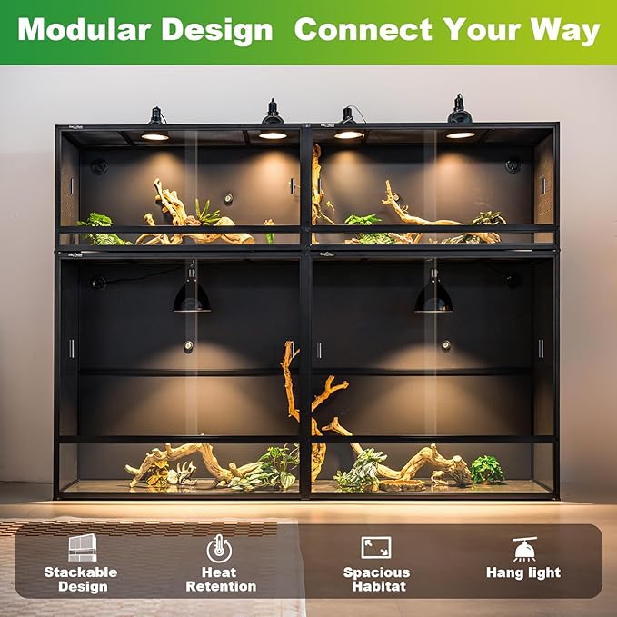ToxiRium Reptile Tank 4-Pack Connectable Kit, 48"x24"x46" and 48"x24"x24" PVC Enclosures, Extra Large & Tall Stackable Terrariums for Bearded Dragon & Ball Python with Front Glass Doors & Locks