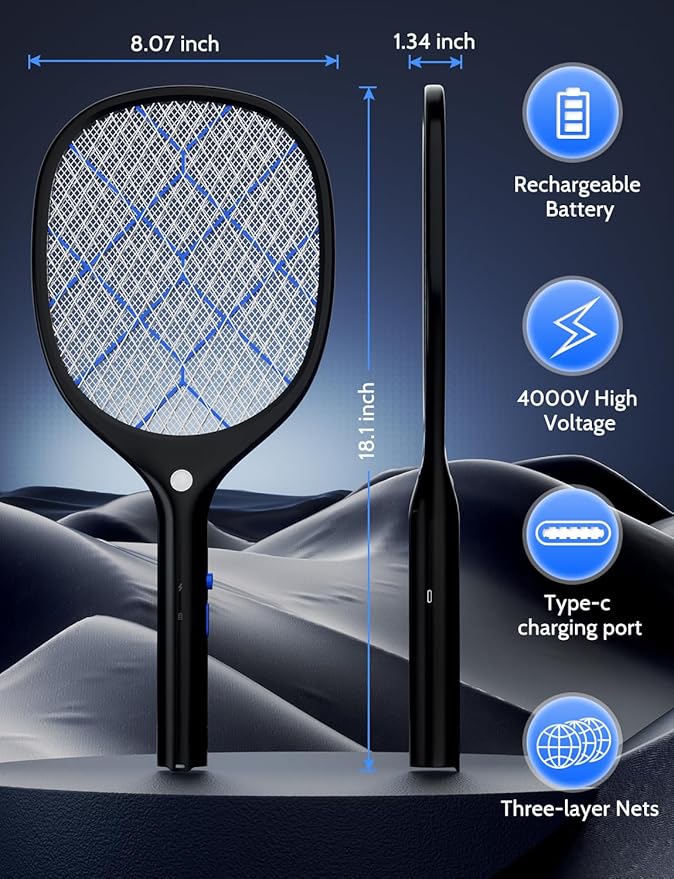 YISSVIC Electric Fly Swatter Bug Zapper Racket 4000V Rechargeable Mosquito Killer with LED Light for Indoor Home Office Backyard Patio Camping (Black Blue)