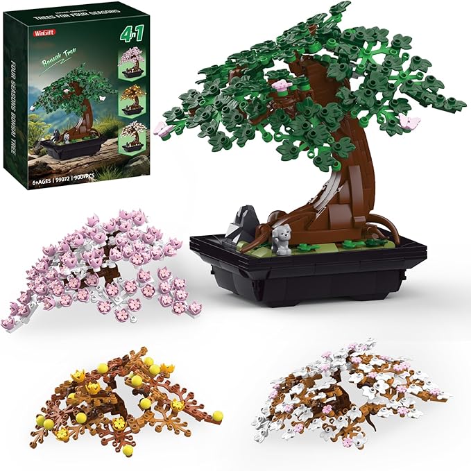 WINGIFT 900Pcs Four Seasons Bonsai Tree Building Set,4In1 Flowers Cherry Blossom Bonsai Building Kit,Botanical Collection DIY Plants for Home Office Decor,Christmas Birthday Gift for Adults Kids Girls