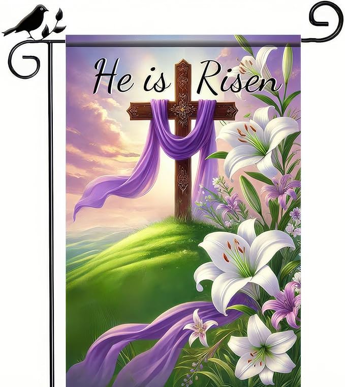 Happy Easter Garden Flag 12x18 Inch Double Sided Outside Easter He Is Risen Yard Flag Seasonal Easter Cross Yard Outdoor Decoration Religion Easter Spring Outdoor Outside Decoration