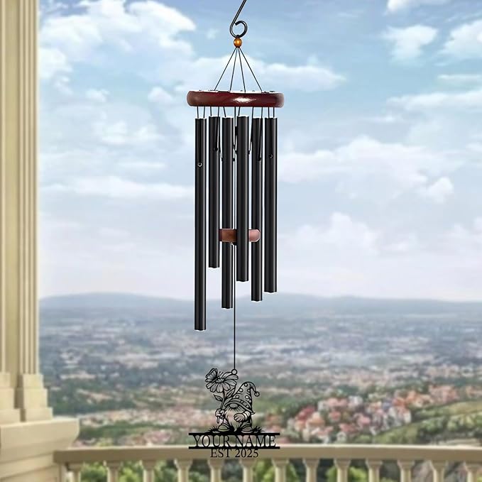Personalized Customize Name Gnome Wind Chime, Metal Iron 37 Inch Outdoor Memorial Gift for Garden Yard Patio Home Decor, Black，Christmas (Style A)