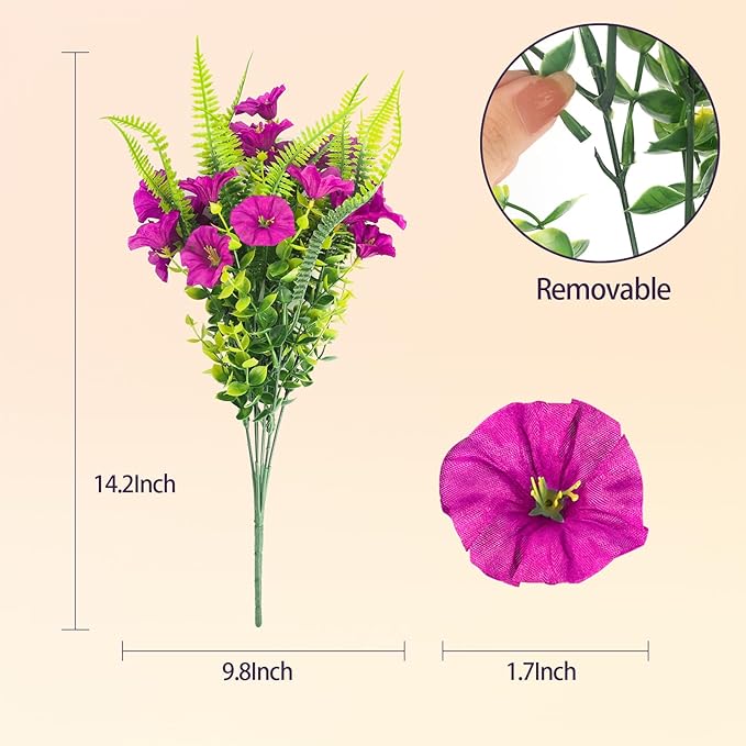 HIAGROW Artificial Flowers Outdoors 12 Bundles Artificial Petunias Fake Flowers UV Resistant Shrubs Plants with Fern for Indoor Outside Hanging Planters Home Garden Summer Decorations (Magenta)