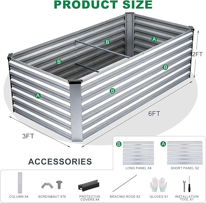STBoo 6x3x2FT Galvanized Raised Garden Bed, Outdoor Metal Raised Planter Box for Vegetables, Elevated Rust-Resistant Rectangle Gardening Container Kit with Reinforced Panels for Backyard,Patio(Silver)