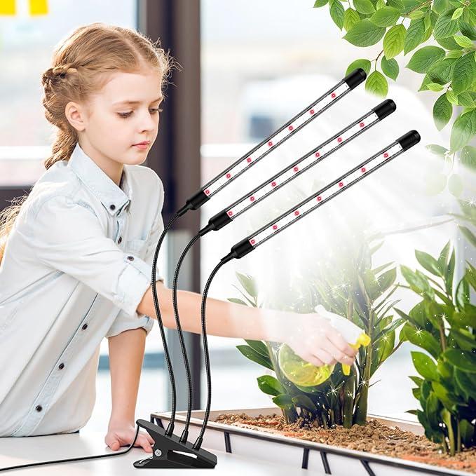 SDOVUERC Tri-Head Clip Grow Light for Indoor Plants, Full Spectrum with 6/12/18H Timer, 5 Dimmable Levels, 3 Spectrum Modes & 360° Gooseneck for Seedlings, Houseplants, Succulents