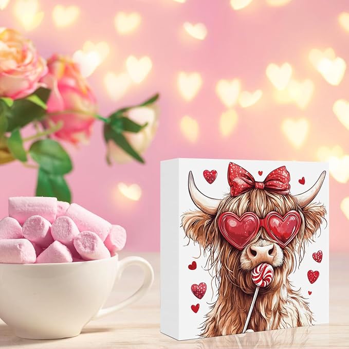Valentines Day Decorations, Valentines Day Gifts for Her Him, Gift for Boyfriend Girlfriend, Vintage Heart Bow Highland Cow Anniversary Wooden Box Sign Husband Wife Home Office Bedroom Desk Decor