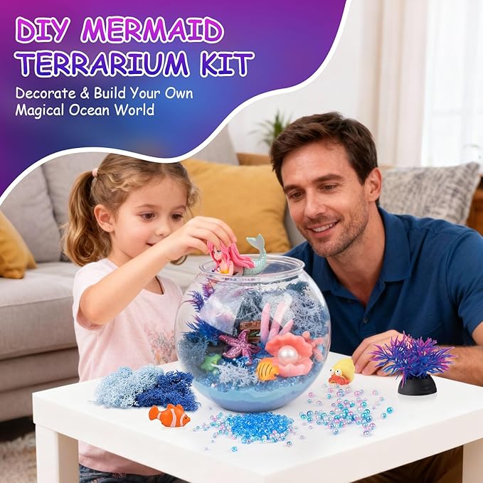 Mermaid Terrarium Kit for Kids - LED Night Light with Remote, DIY Arts and Crafts Birthday Gifts, Mermaid Gifts for Girls Ages 6-12