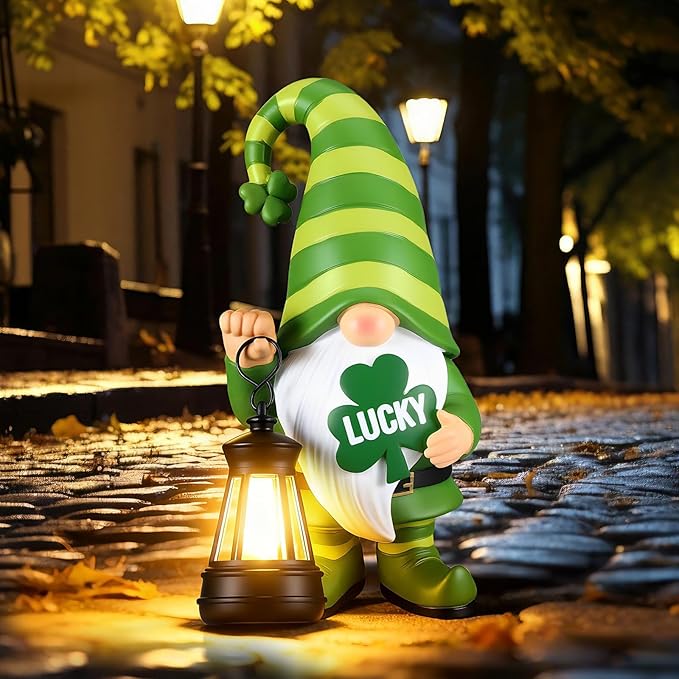 Retisee Solar St. Patrick's Day Garden Statue Resin Gnome Statue with Shamrock LED Lights Outdoor Lucky Solar Light Figurine Decoration for Yard Patio Lawn Gift for St. Patrick's Day Irish