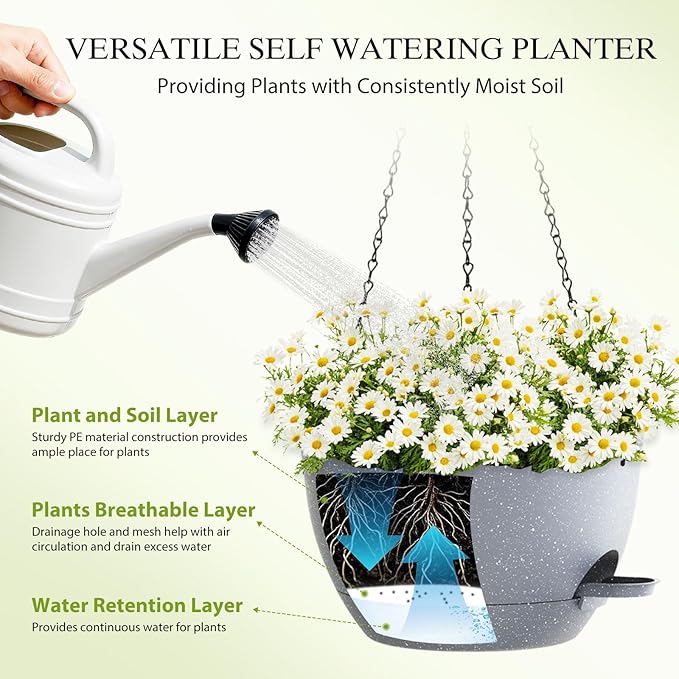 SQKH 12 Inch Hanging Baskets 2 PC with Chains, Self-Watering Hanging Planters for Indoor Outdoor Plants, Plastic Hanging Flower Pots,Speckled Grey