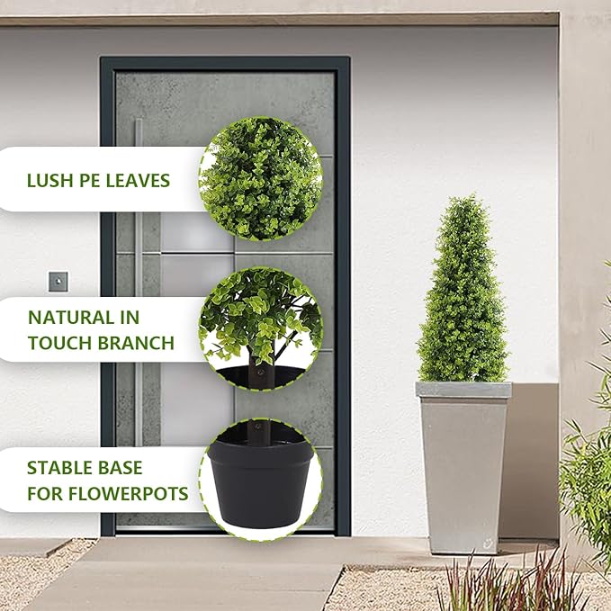 Binnny Flower 3ft Artificial Boxwood Topiary Trees, Set of 2 – UV Resistant Faux Evergreen Shrubs and Bushes for Outdoor Planters, Realistic Fake Plants for Front Porch Outside Patio Yard, 3 Foot Tall