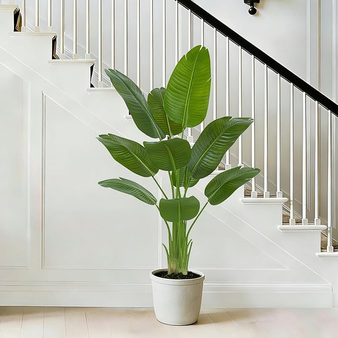 Birds of Paradise Plant Artificial, 5FT Fake Plants Faux Banana Leaf Tree with 10 Banana Leaves, Lifelike Tall Fake Tropical Palm Indoor Silk Floor Plant in Black Pot for House,Office,Room,Home Decor