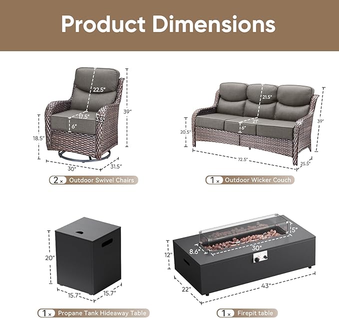 HUMMUH Luxury Patio Furniture Set 6-inch Thick Cushions High Back Swivel Rocker Chairs & 3 Seater-Couch & Steel Fire Pit Table 5 Pieces Outdoor Conversation Set for Porch,Deck,Backyard