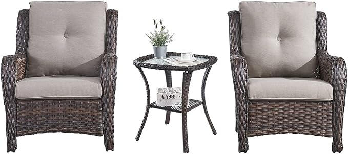 HUMMUH 3 Pieces Patio Bistro Set Wicker Patio Chairs Set of 2 with Tempered Glass Top Side Table Rattan Outdoor Furniture Conversation Set for Yard,Garden,Porch