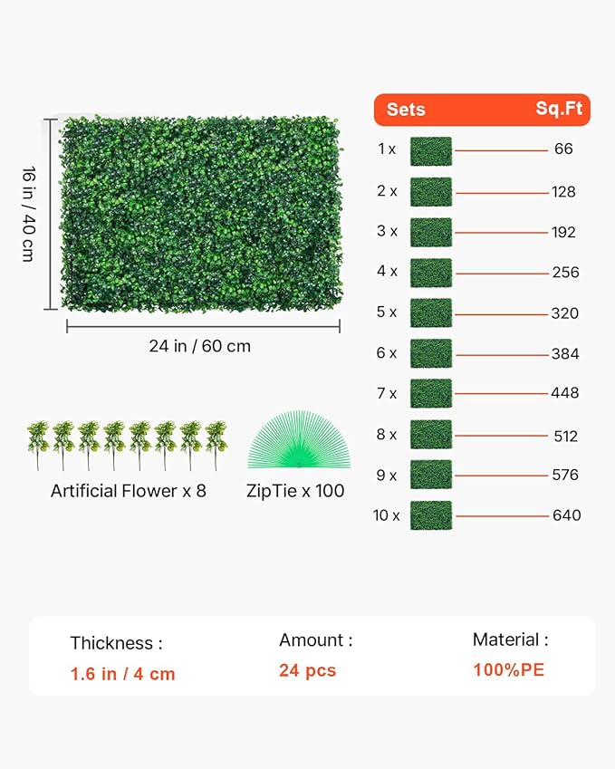 VEVOR 24PCS Artificial Boxwood Panels, 24 x 16 in 1.6 in Sun Protected Boxwood Hedge Wall Panel, Green Fake Grass Backdrop Wall for Privacy Fence Decor Indoor Outdoor Garden Backyard