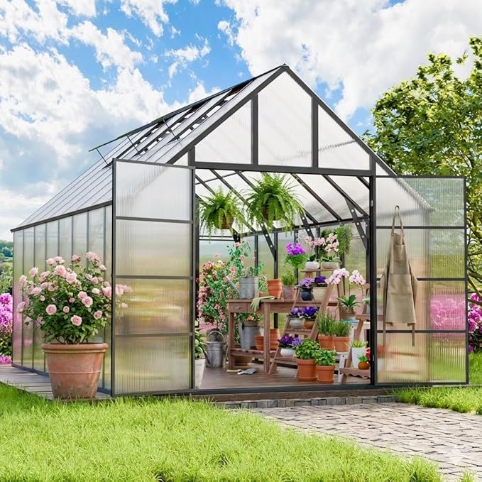 16x10x10 FT Greenhouse for Outdoors, Large Thicker Aluminum Polycarbonate, 3 Vent Windows, Swing Door & Quick T Connector, Walk-in, for Outside, Backyard, Garden