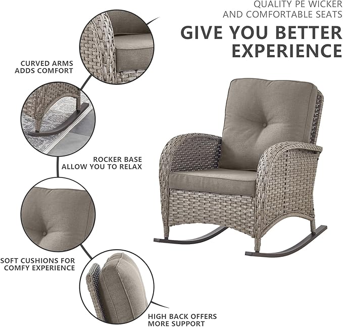 Belord 5 Piece Outdoor Conversation Patio Furniture Set - All-Weather Wicker Patio Rocking Chairs with Loveseat Glider Chair and Coffee Table for Patio Deck Porch Backyard Gray Wicker Gray Cushion