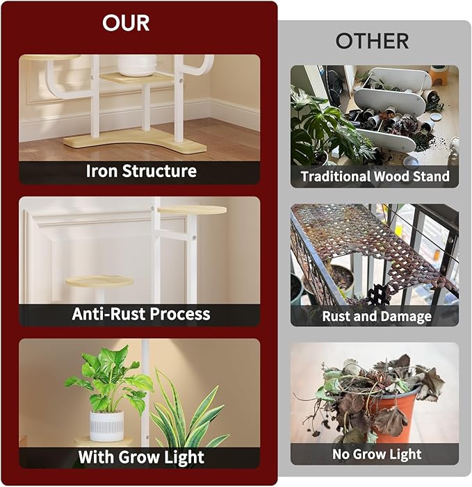 Homsorout Corner Plant Stand with Grow Light - 6 Tier Plant Stand Indoor Round Metal Plant Shelf with Adjustable Light, Plant Organizer for Living Room, Graden, Home Decor (Maple)